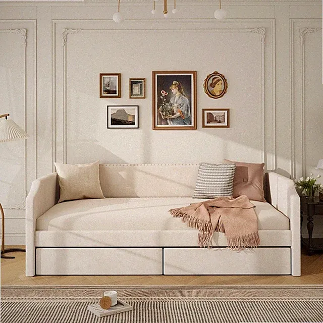 Twin Size Modern Daybed Velvet Upholstered Sofa Bed with 2 Storage Drawers Beige