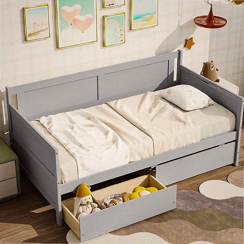 Twin Size Pine Wood Daybed Seating Sofa Bed with 2 Hideaway Drawers Gray Color