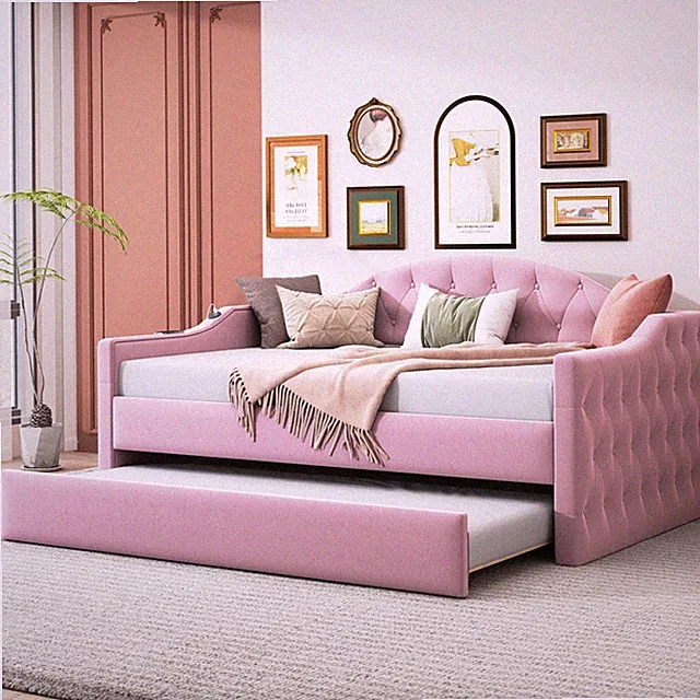 Twin Size Tufted Upholstered Daybed with Trundle ,Velvet Sofabed