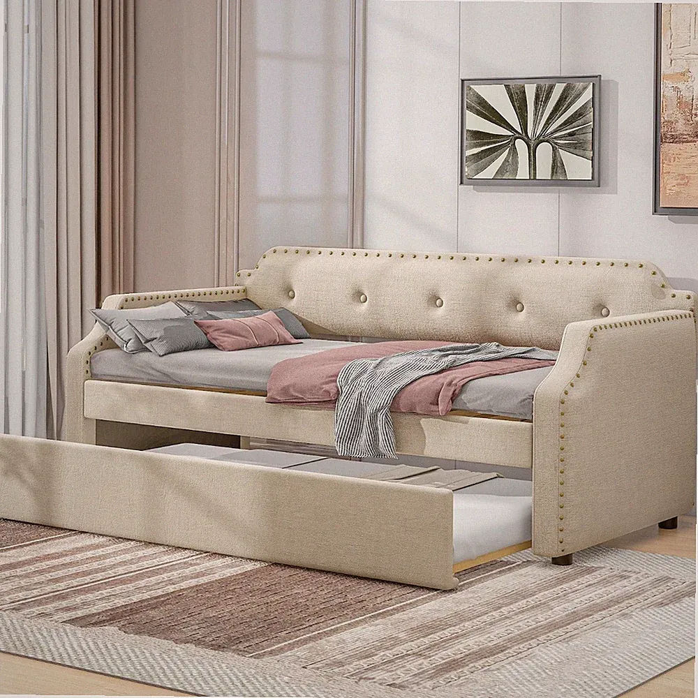 Twin Size Upholstered Daybed Linen Tufted Sofa Bed Trundle With Solid Wood Frame