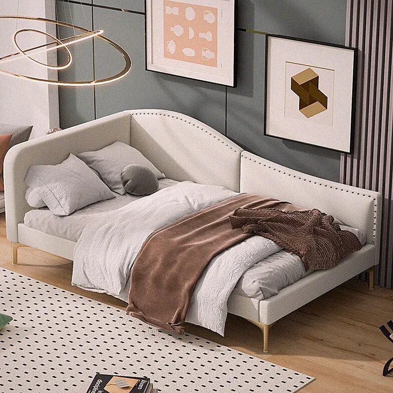 Modern Upholstered Daybed Twin Size Wood Sofa Bed w/Armrest & Support Legs,Beige