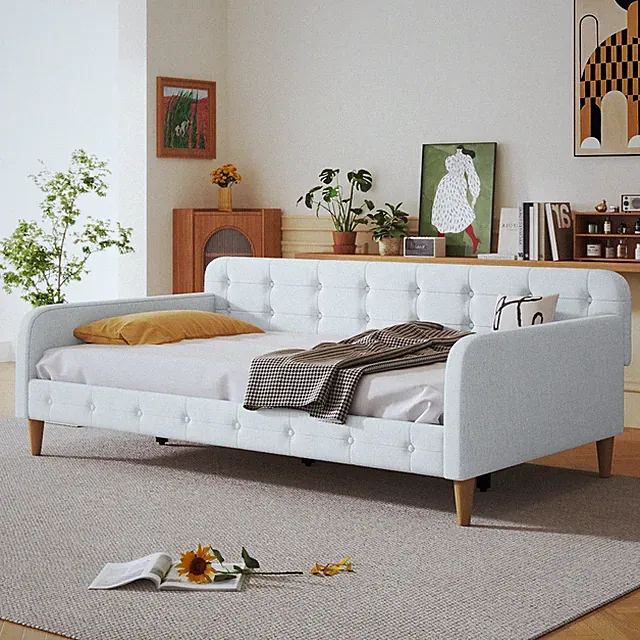 Twin Size Upholstered Daybed with 4 Support Legs, Beige