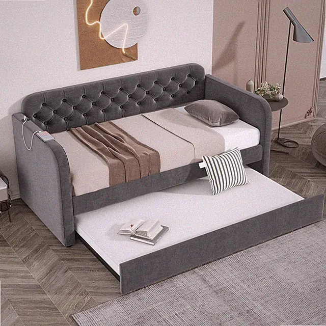 Twin Size Upholstered Daybed with Trundle and USB Ports, Velvet Sofa Bed Frame
