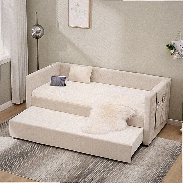 Twin Size Upholstered Daybed with Trundle, Diamond Grid Design Velvet Sofa Bed W