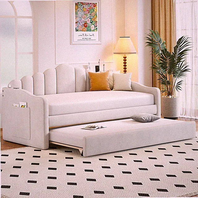 Twin size Upholstered Daybed with Trundle Velvet Sofabed with USB Charging Ports