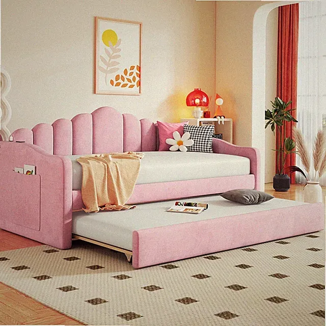 Twin size Upholstered Daybed with Trundle Velvet Sofabed with USB Charging Ports