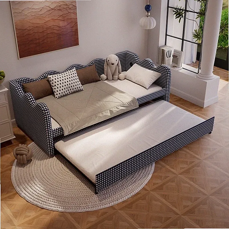 Twin Size Upholstered Plaid Daybed w/Trundle and USB,2 in 1 Convertible Sofa Bed