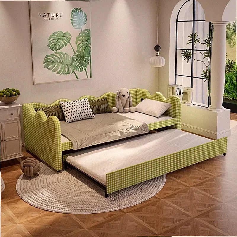 Twin Size Upholstered Plaid Daybed w/Trundle and USB,2 in 1 Convertible Sofa Bed