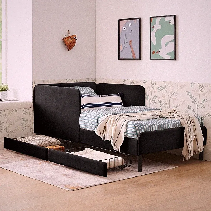 Twin Size Upholstered Sofa Bed Adjustable Bed Frame with 2 Storage Drawers Black