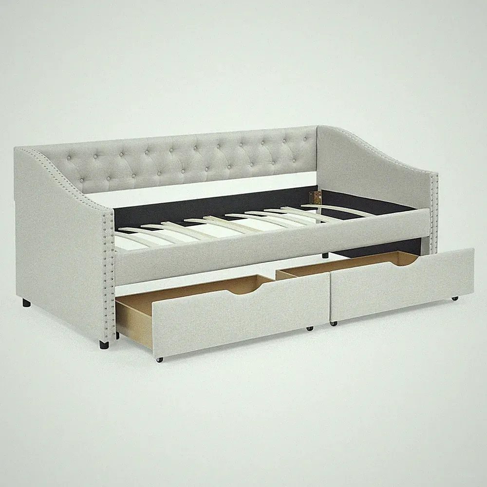 Twin Size Upholstered Tufted Sofa Bed w/Drawers - Maximum Weight Capacity 500lbs