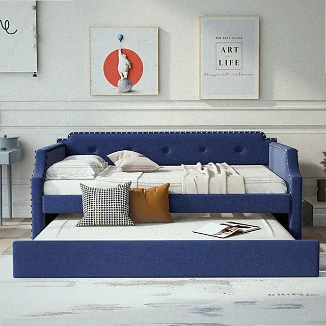 Twin Size Upholstered Wood Daybed with Trundle Functional Sofa Bed Frame Blue