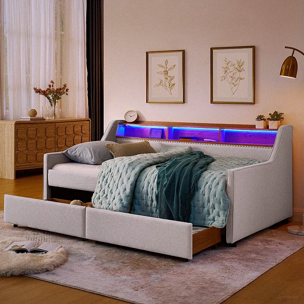 Twin Size Upholstery Sofa Bed with Pull Up Drawers and Wireless Charging Station