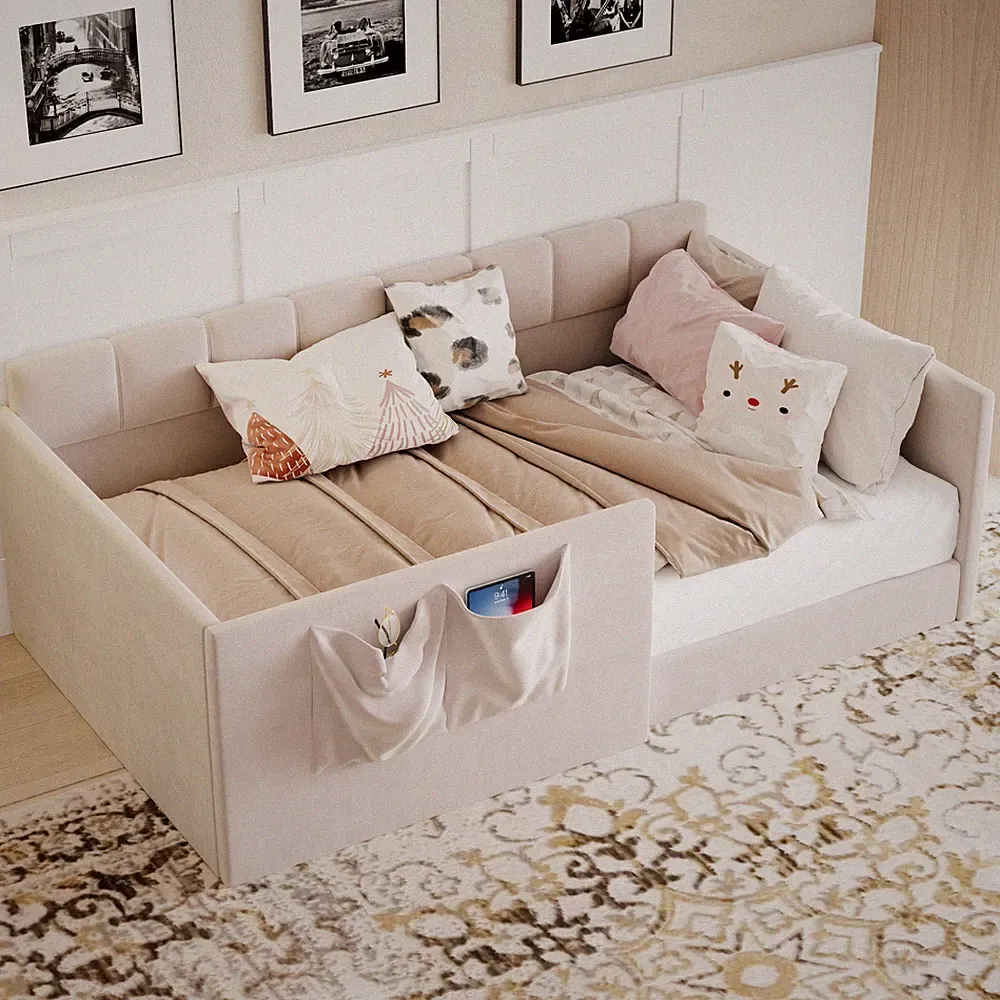 Twin Size Velvet Daybed with Storage Pockets Side Entrance Upholstered Sofa Bed