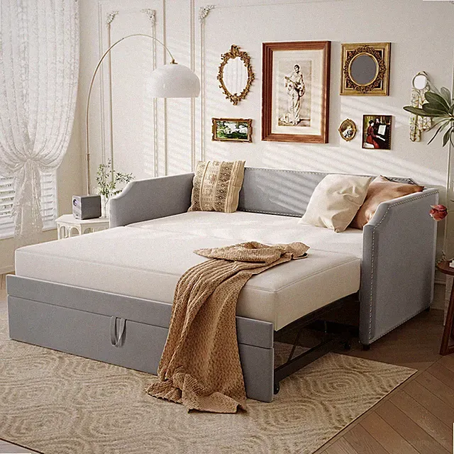 Twin Size Velvet Upholstered Daybed Sofa Bed W/ Pop Up Trundle Slatted Gray NEW