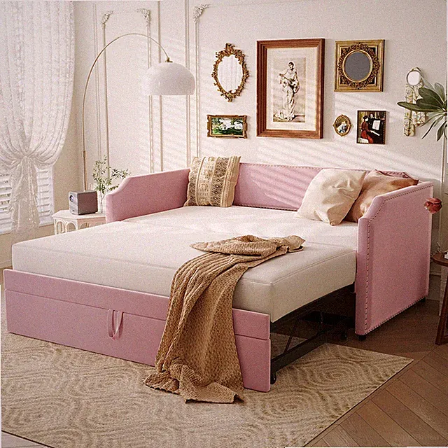 Twin Size Velvet Upholstered Daybed Sofa Bed W/ Pop Up Trundle Slatted PInk