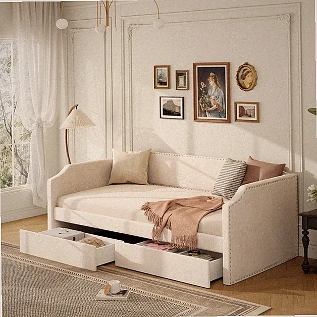 Twin Size Velvet Upholstered Daybed with 2 Drawers Wood Sofa Bed Frame Beige