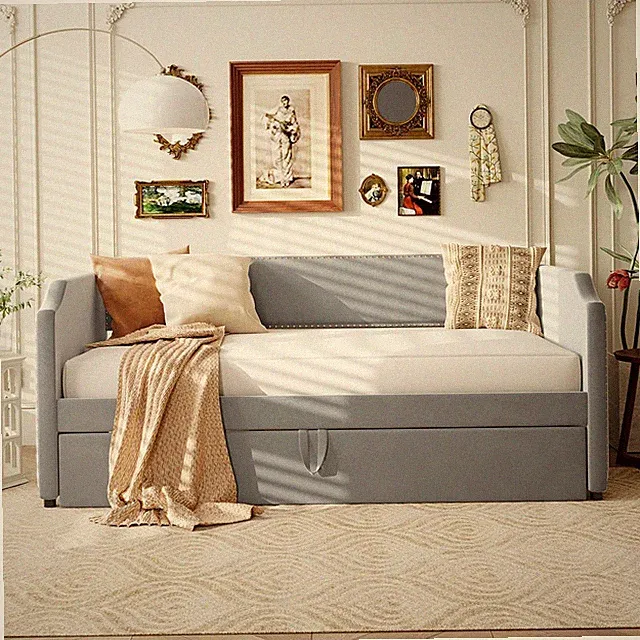 Twin Size Velvet Upholstered Daybed with Pop Up Trundle, Gray