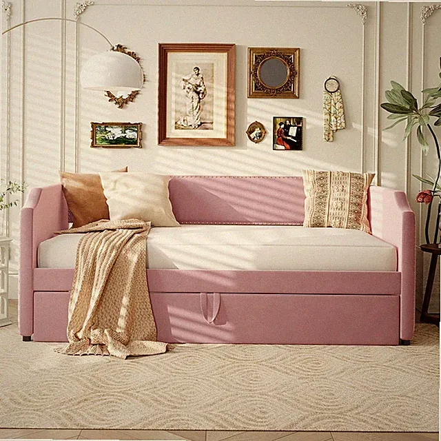 Twin Size Velvet Upholstered Daybed with Pop Up Trundle Pink