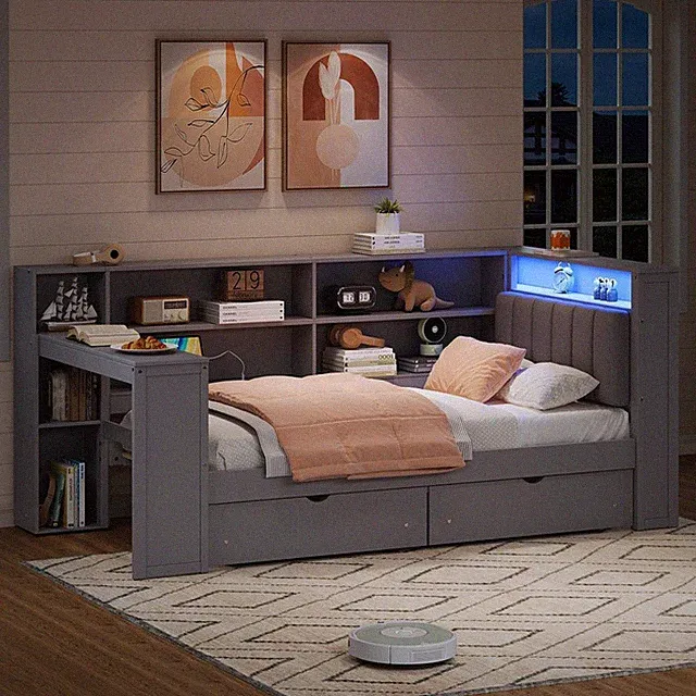 Twin Size Wood DayBed Frame w/Shelves,Drawers,Desk & LED Upholstered Headboard