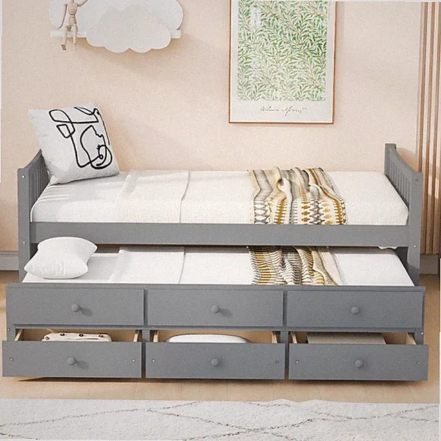 Twin Size Wood Daybed Frame with Pull-out Trundle and 3 Storage Drawer Gray