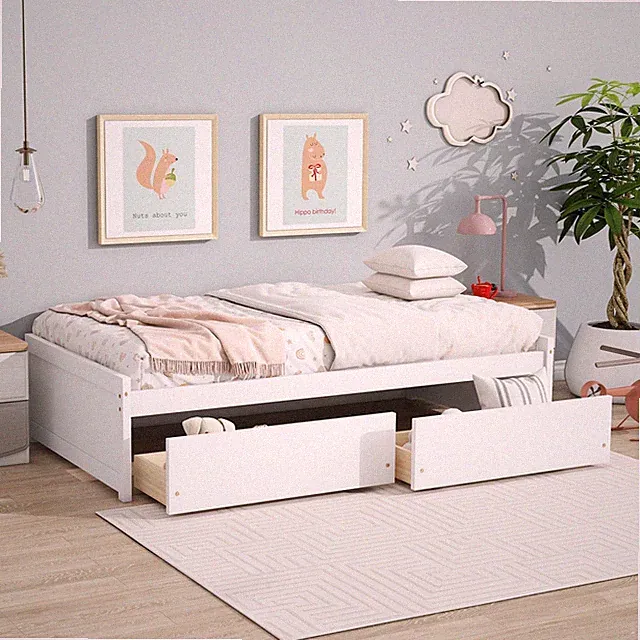 Twin Size Wood Daybed Wooden Bed Frame Sofa Bed w/ 2 Drawers White/Gray/Espresso
