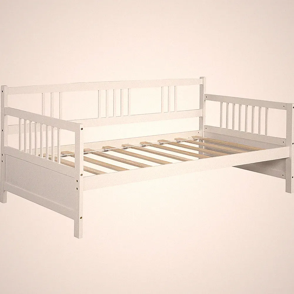 Twin Size Wooden Slats Daybed Bed Sofa Support Platform with Rails Home White