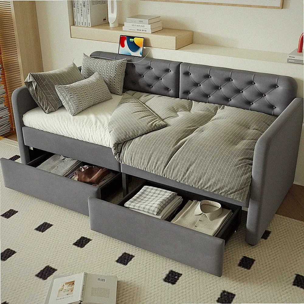 Twin Sofa Bed with Storage Drawers & USB Charging - Grey Velvet