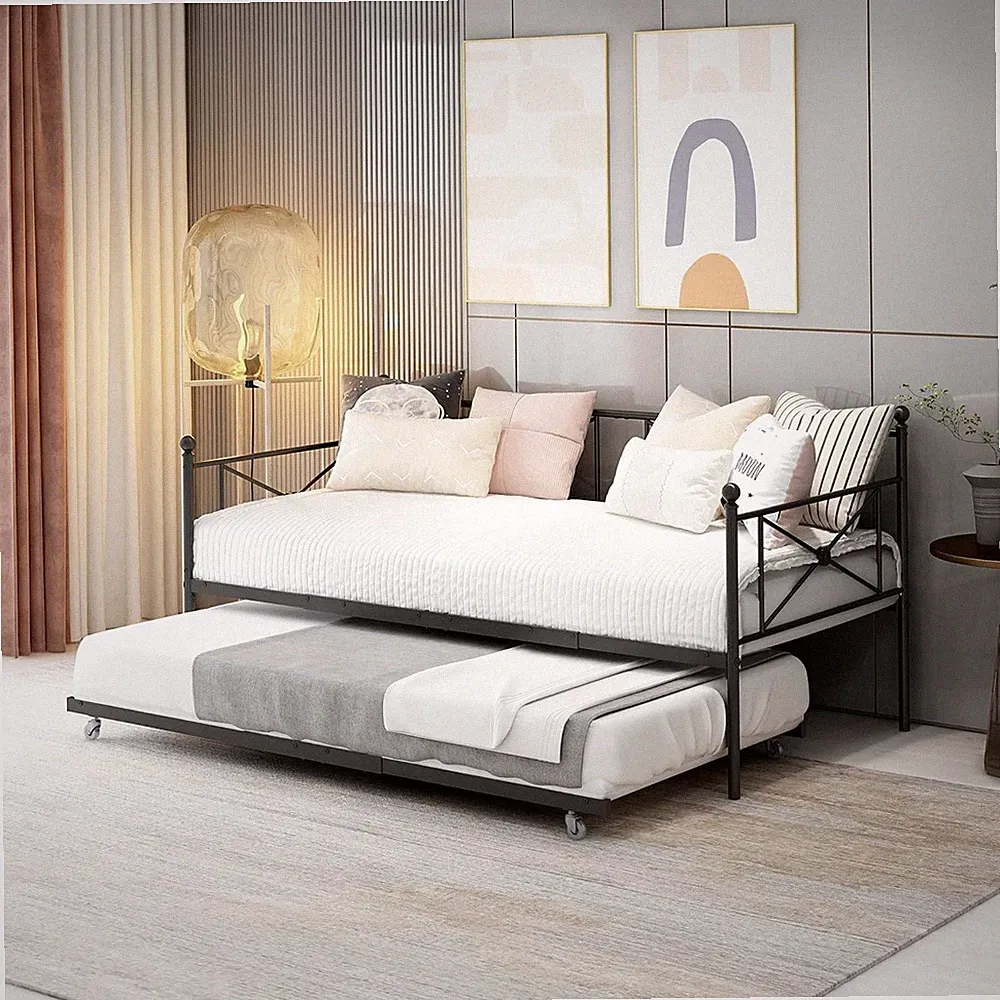 Twin Sofa Bed with Trundle, Premium Steel Frame & Headboard, Black