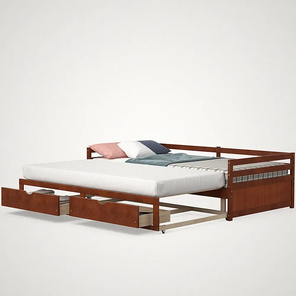 Twin to King Daybed w/ 2 Drawers Wooden Sofa Bed for Bedroom Living Room Cherry