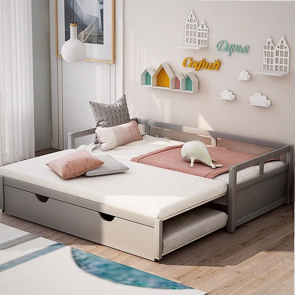 Twin to King Daybed Wood Extending Bed Frame Sofa Bed with Trundle for Bedroom