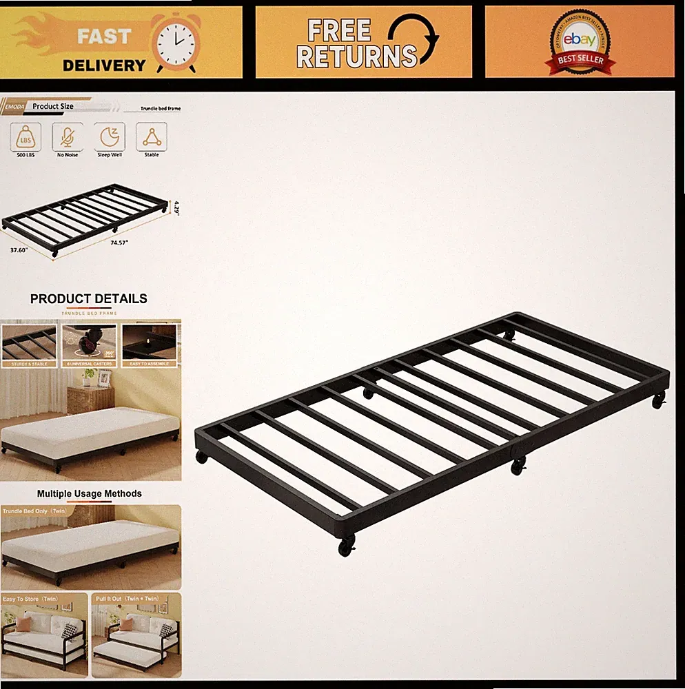 Twin Trundle Bed with Lockable Casters, Smooth-Glide Wheels, 500-lb Support, Spa