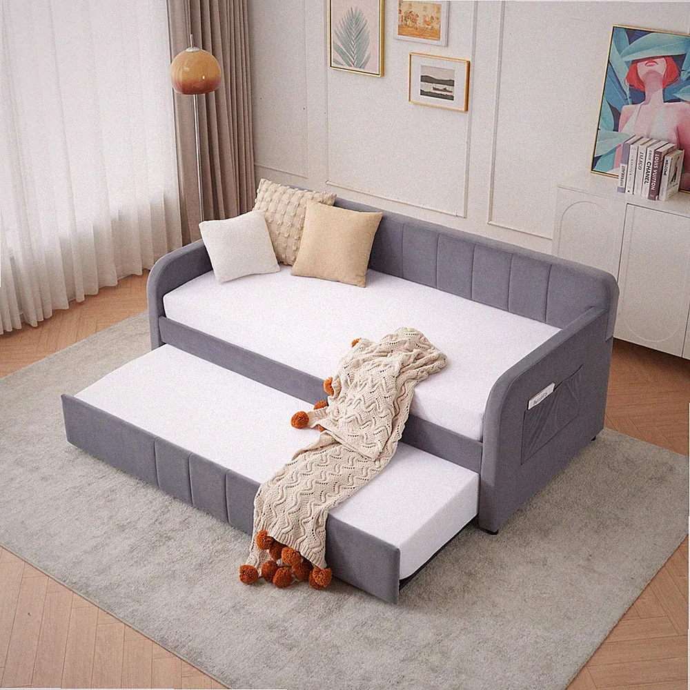 Twin Upholstered Daybed Frame w/Trundle,Twin Size Sofa Bed for Bedroom Living Ro