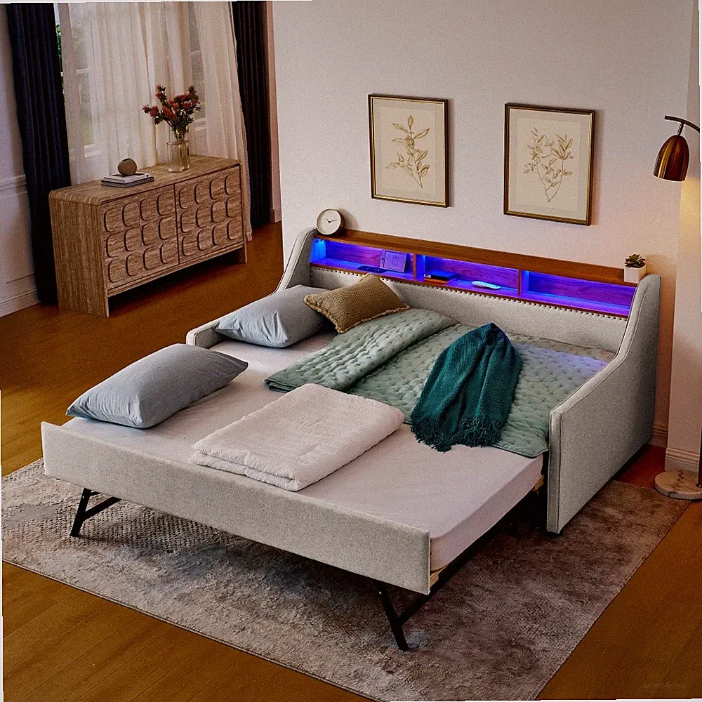 Twin Upholstered Sofa Bed w/ Trundle, Storage & LED
