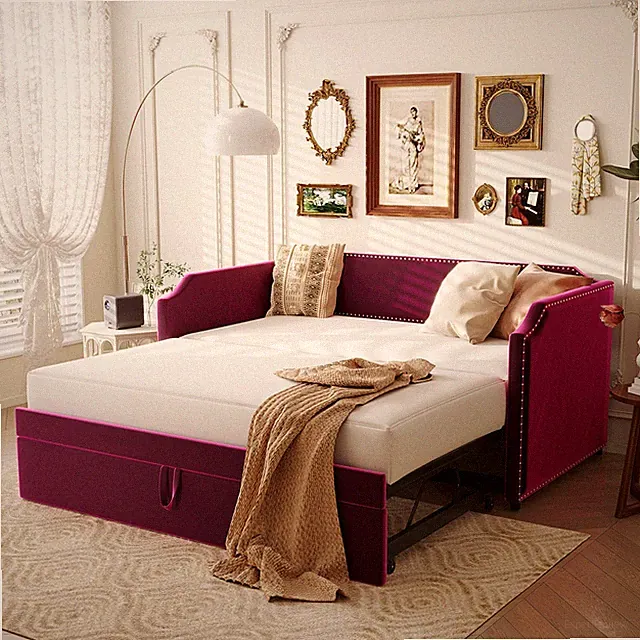 Twin Velvet Upholstered Daybed with Pop Up Trundle for Guest Room Wine Red