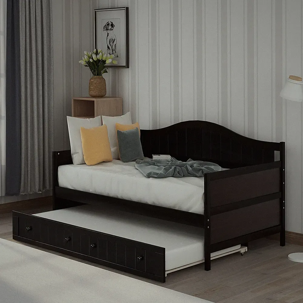 Twin Wooden Daybed with Trundle Bed, Sofa Bed for Bedroom Living Room,Espresso