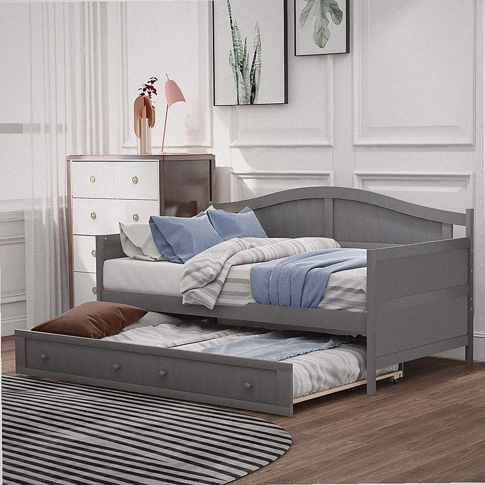 Twin Wooden Daybed with Trundle Bed, Sofa Bed for Bedroom Living Room,Gray