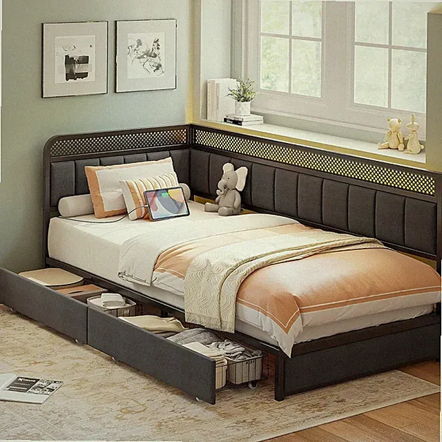 Twin XL Corner Bed Frame, Modern Daybed with Upholstered Guardrail | Under-Bed