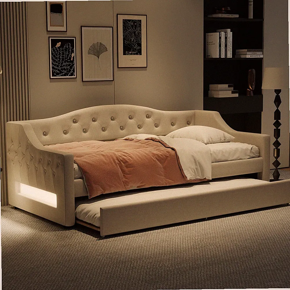 Twin XL/Full XL Size LED Daybed Upholstered Bed Frame Sofa Bed w/ Trundle