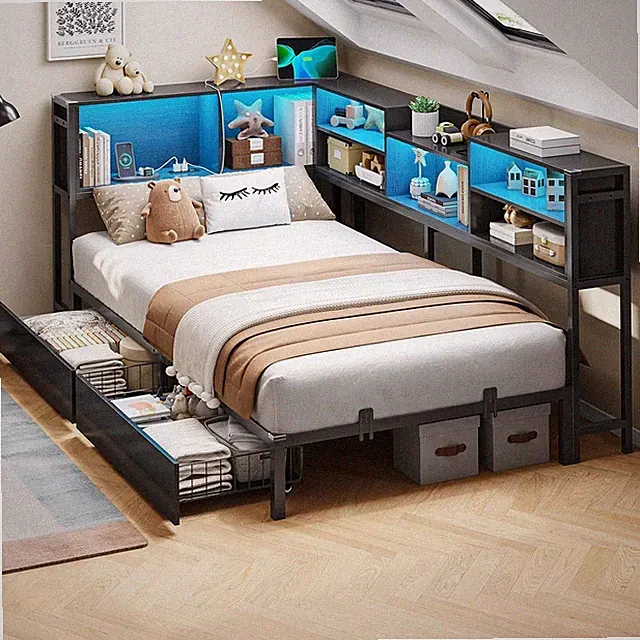 Twin XL Size Corner Bed Frame Daybed with Charging Station,Led Lights,2 Drawers