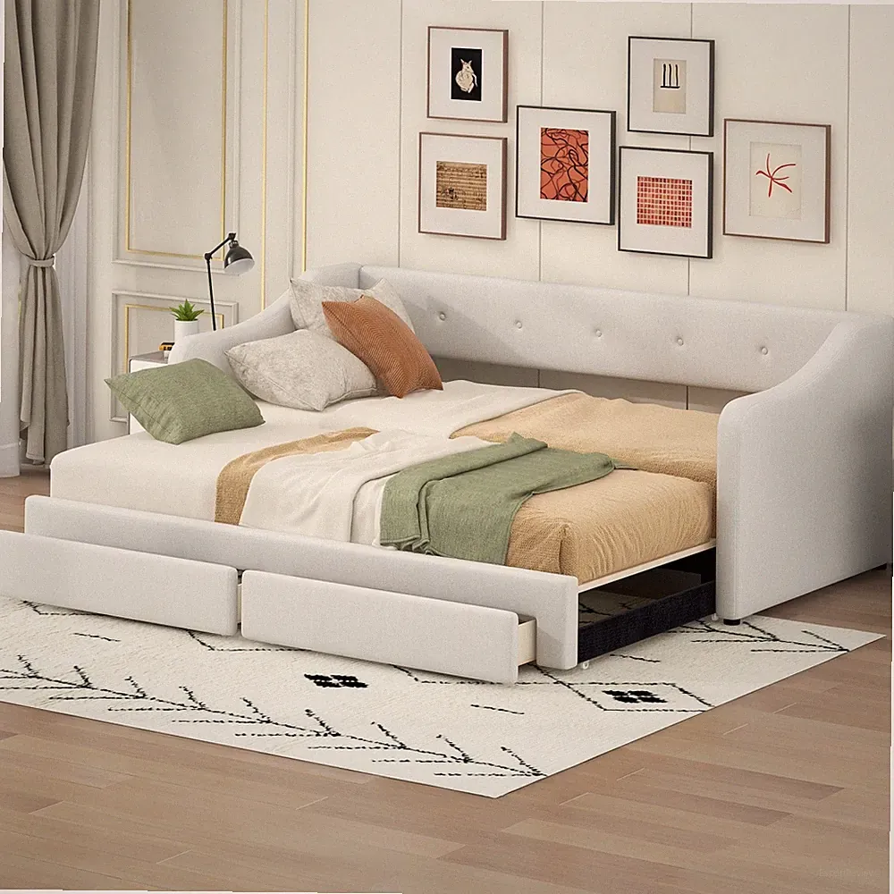 Twin XL Size Daybed Linen Upholstered Bed Frame Sofa Bed w/ Trundle & 2 Drawers