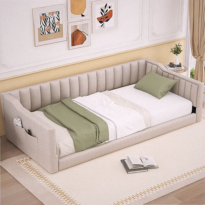 Twin XL Size Upholstery Daybed w/Side Storage Pocket Modern Wood Sofe Bed Frame