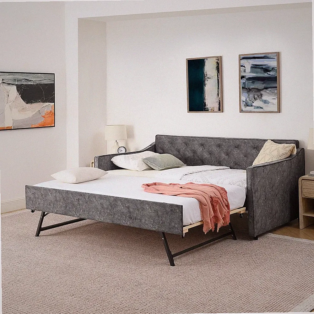 Two-Person Upholstered Sofa Bed with Pop-Up Bed Frame and USB Charging Design