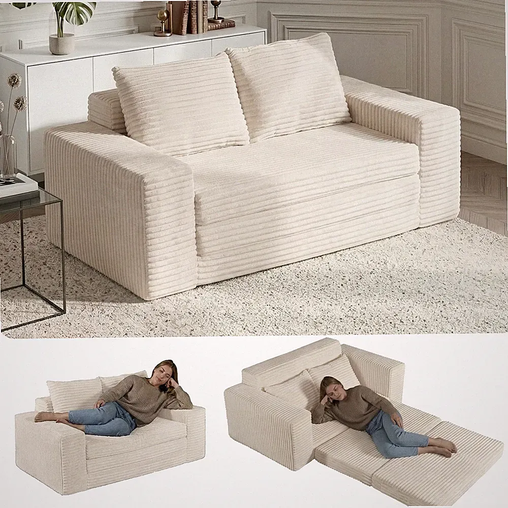 Two-seater Folding Sofa Bed cream-coloured