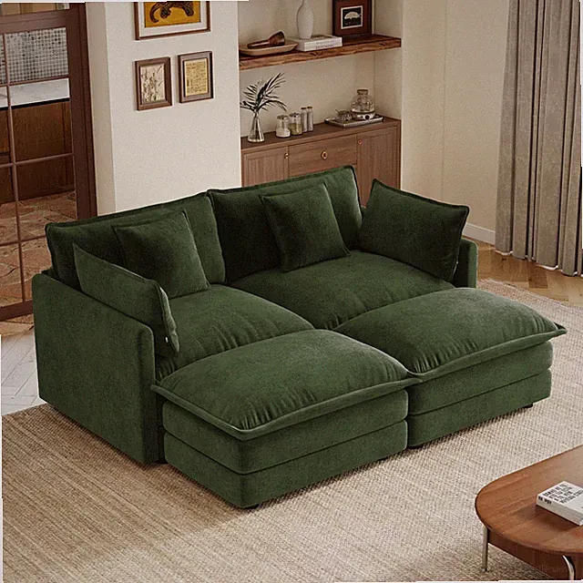 Two-Seater Sofa w/2 Ottomans and 2 Armrest Pillows and 2 Toss Pillows for Small