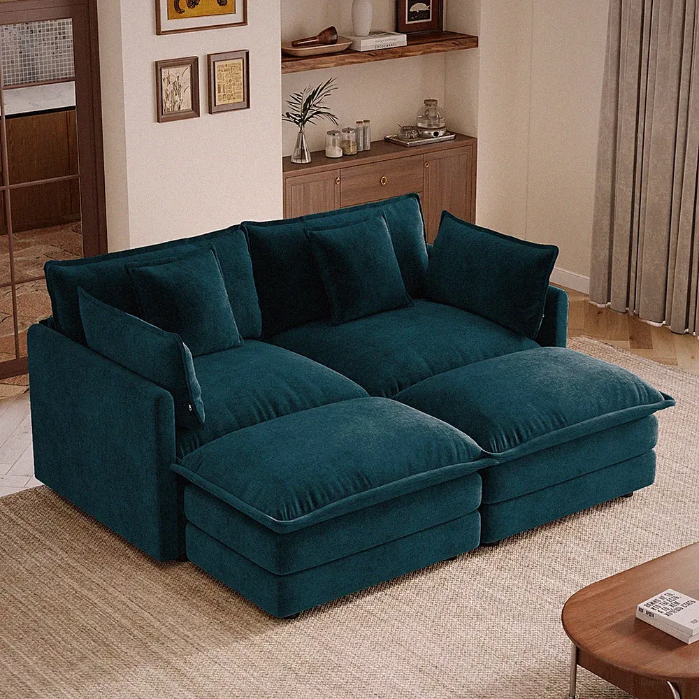 Two-Seater Sofa w/2 Ottomans and 2 Armrest Pillows and 2 Toss Pillows for Small