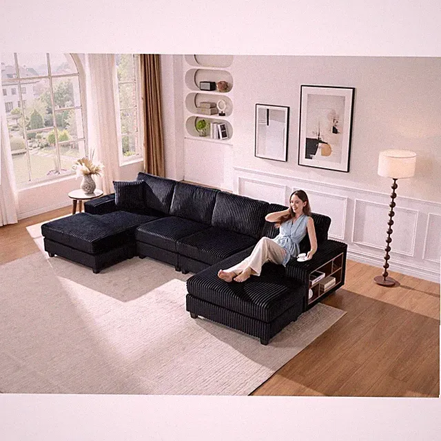 U-Shape 4-Seat Convertible Sectional Sofa, Corduroy Fabric, Black