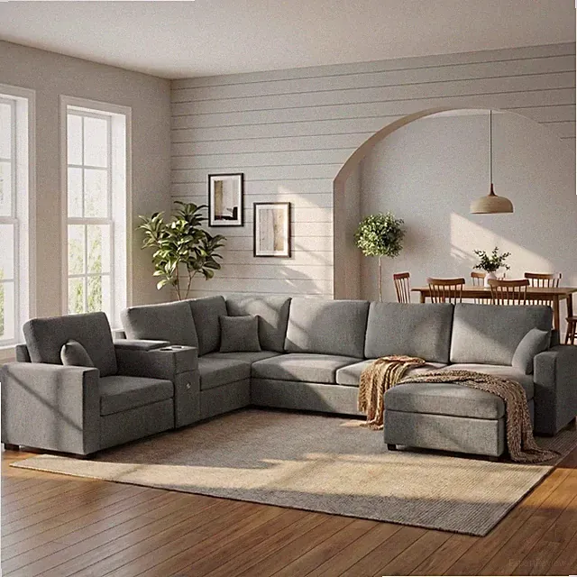 U-Shape 5-Seat Sectional Sofa w/ Storage, Chaise, Cup Holders, Grey