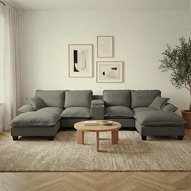 U-Shape Cloud Couch w/ Cup Holders, Storage & USB Port for Living Room, Grey