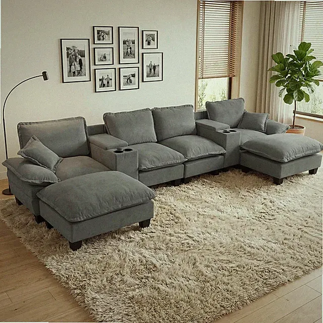 U-Shape Cloud Couch with Storage, USB Port, Ottomans & Pillows, Grey