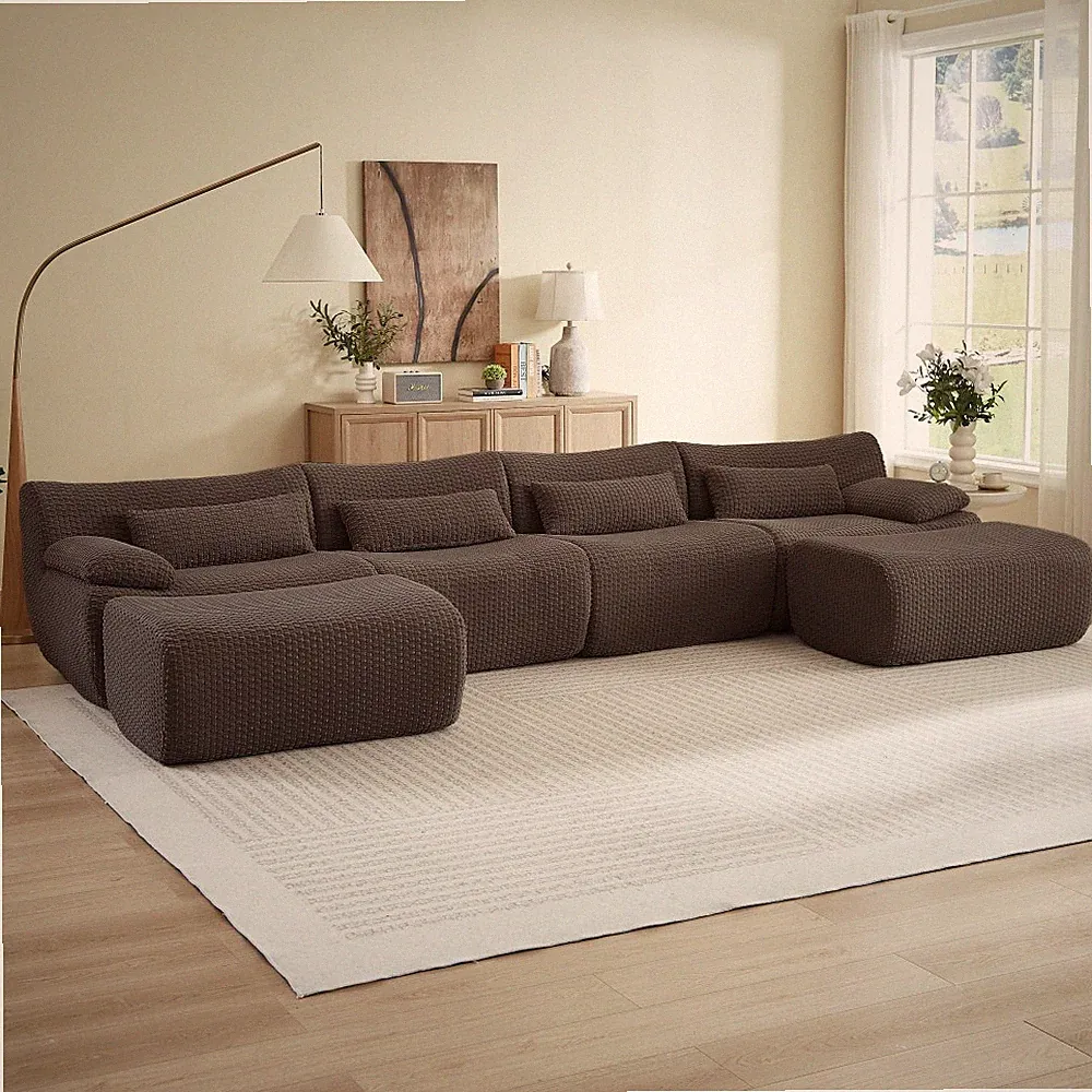 U-Shape Convertible Sectional Sofa w/ Ottoman, 6-Seater Corduroy, No Assembly